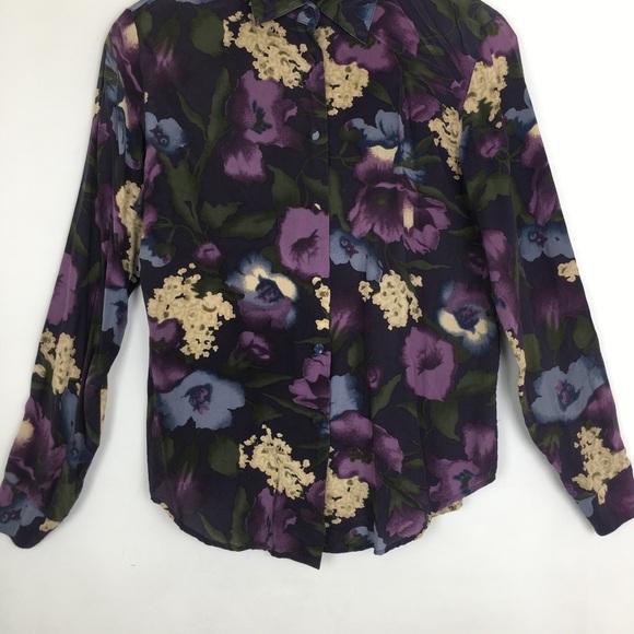 Allison Taylor Silk Blouse Dark Floral Button Up Women’s Size S Purple Feminine - Picture 4 of 10
